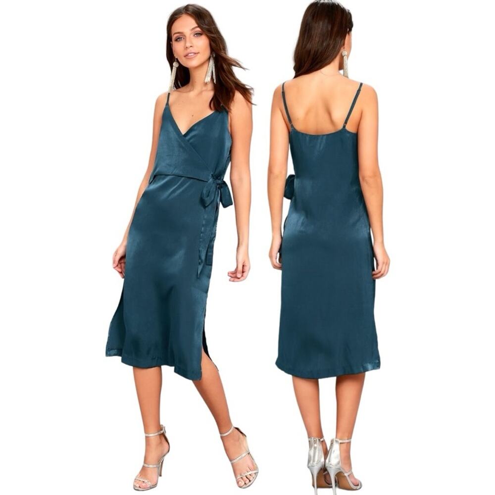 Lulus Fall in Love Blue Satin Midi Wrap Dress XS